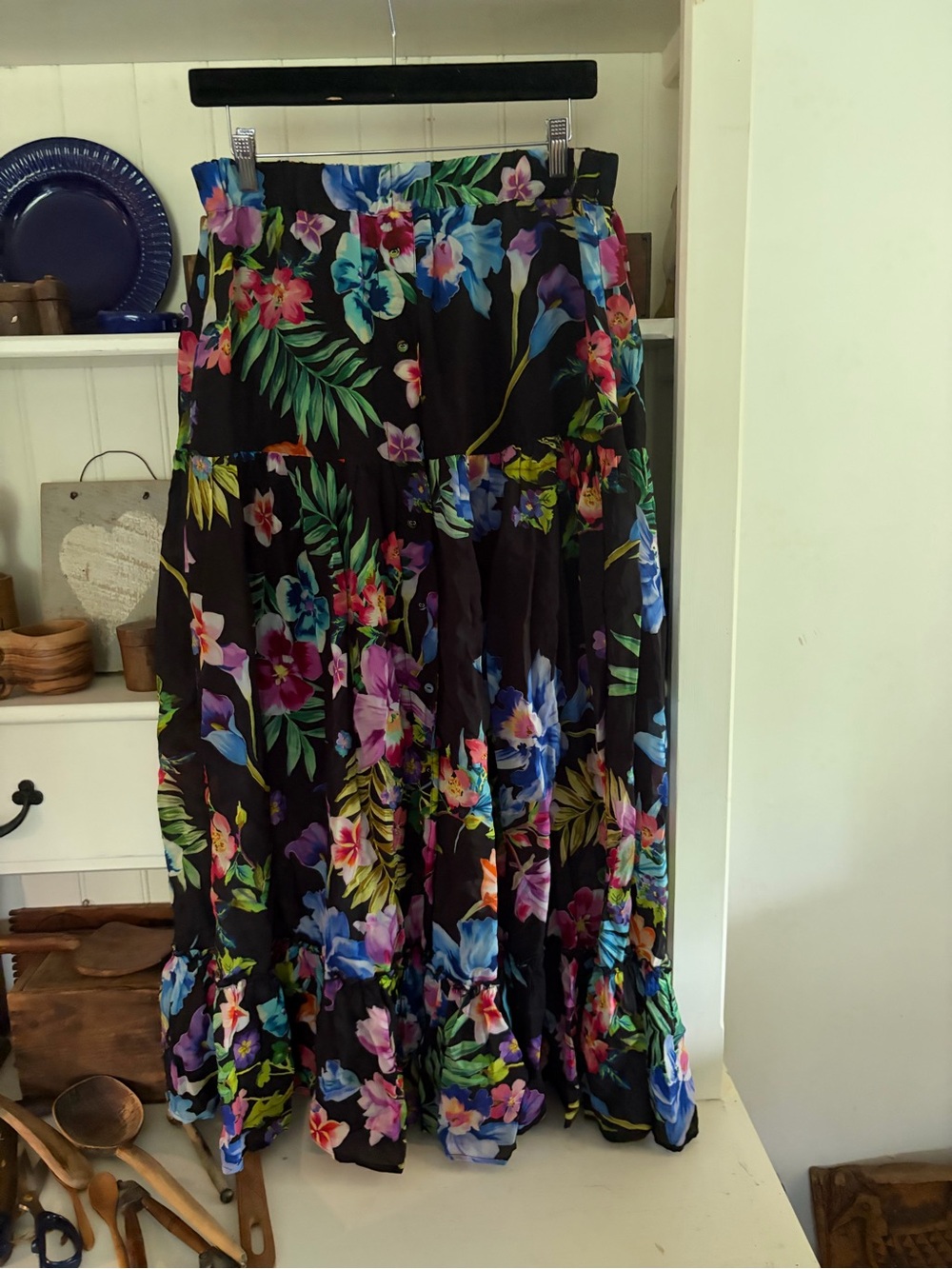 Johnny Was Floral Tiered Maxi Skirt - Black with Multicolor Floral Print